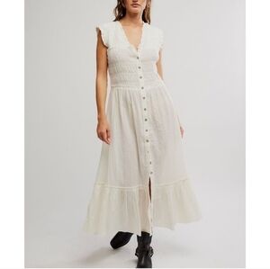 Free People Cream Button-Front Maxi Dress